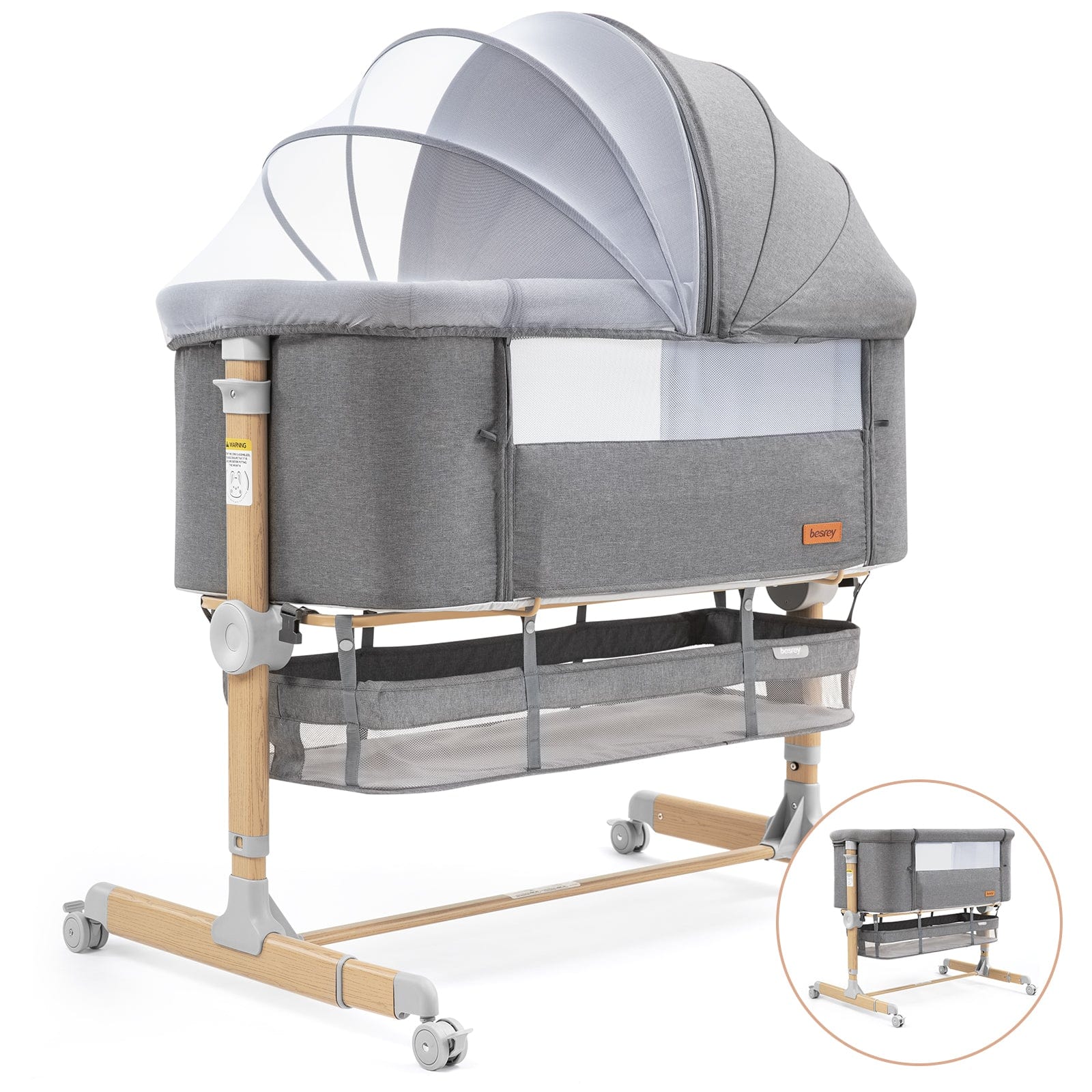 Besrey Baby Bassinet Bedside Sleeper Height Adjustable Portable Bedside Crib for Newborns Gray