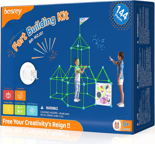 Besrey 2 in 1 Glow in The Dark Fort Building Kit with Toss Game-144 Pieces