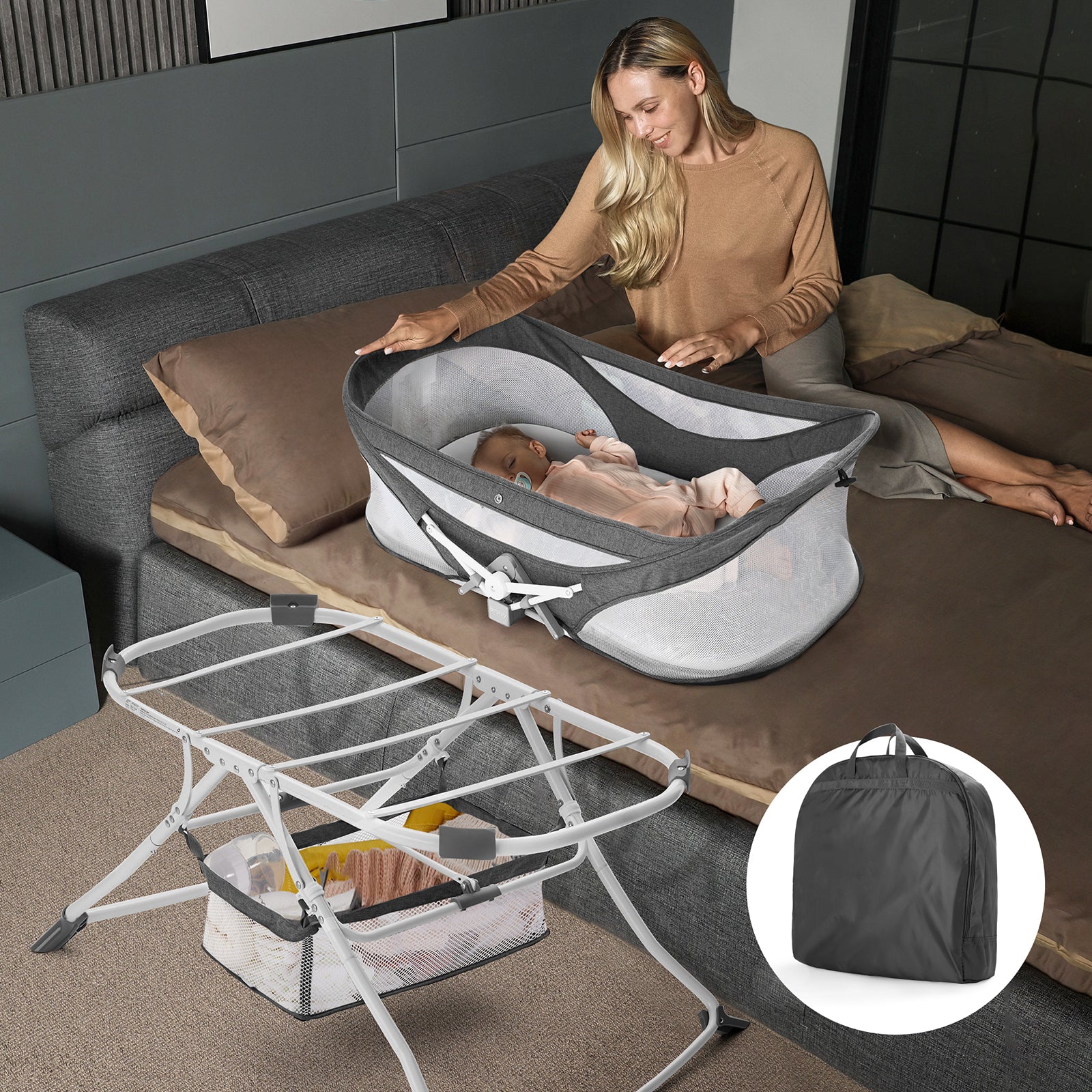 Besrey 4 in 1 Portable Foldable Baby Bedside Bassinet Sleeper for Newb