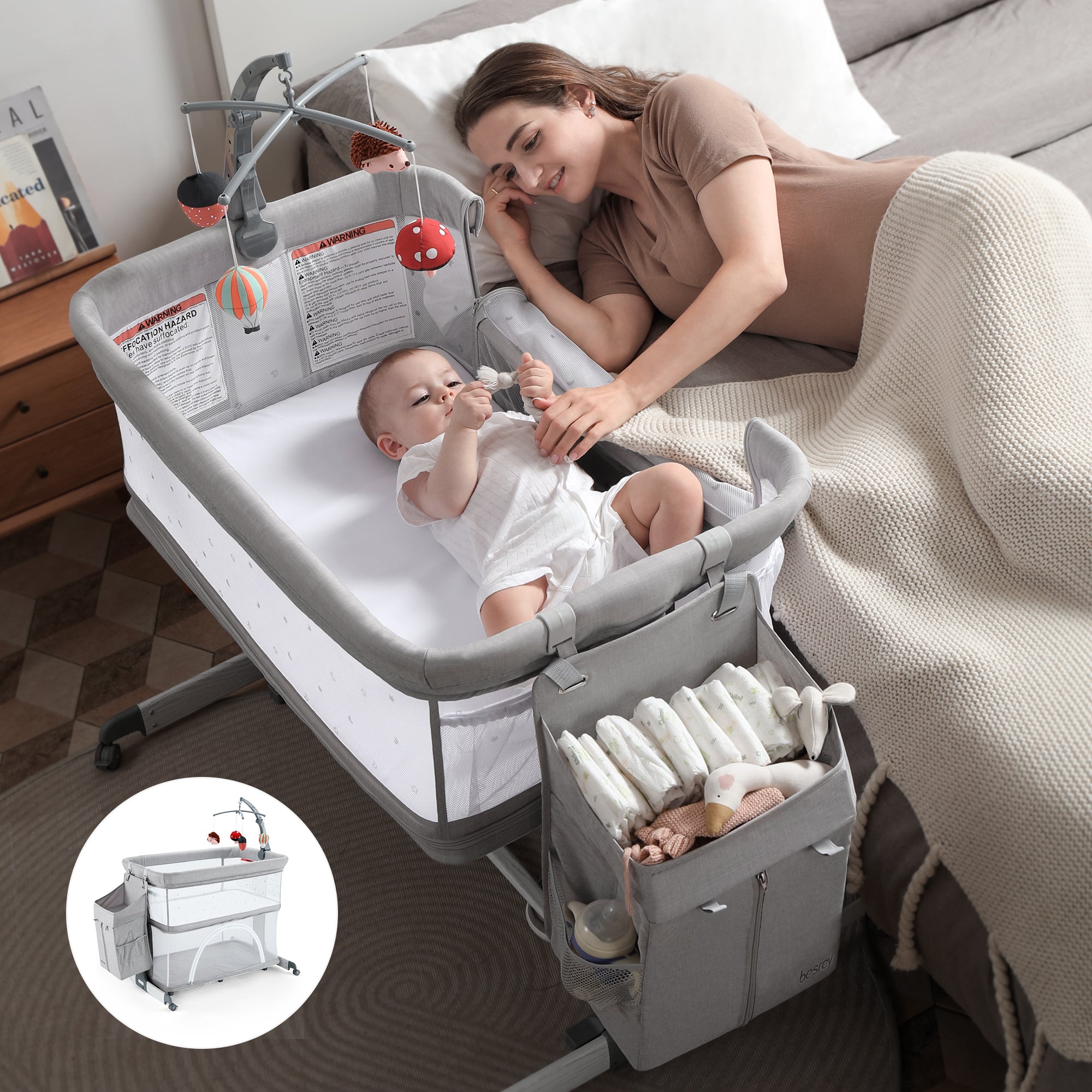 Besrey 5 in 1 Baby Bedside Bassinet Bedside Bassinet Playpen Suitable for 0 18 Months