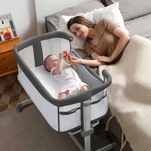 Besrey Baby Bassinet All Mesh 7 Height Adjustable with Pockets and Comfy Mattress Dark Gray