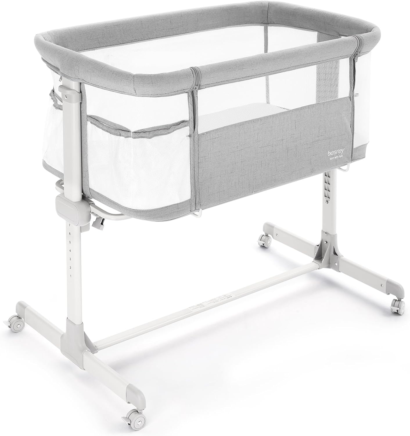 Besrey Baby Bassinet All Mesh 7 Height Adjustable with Pockets and