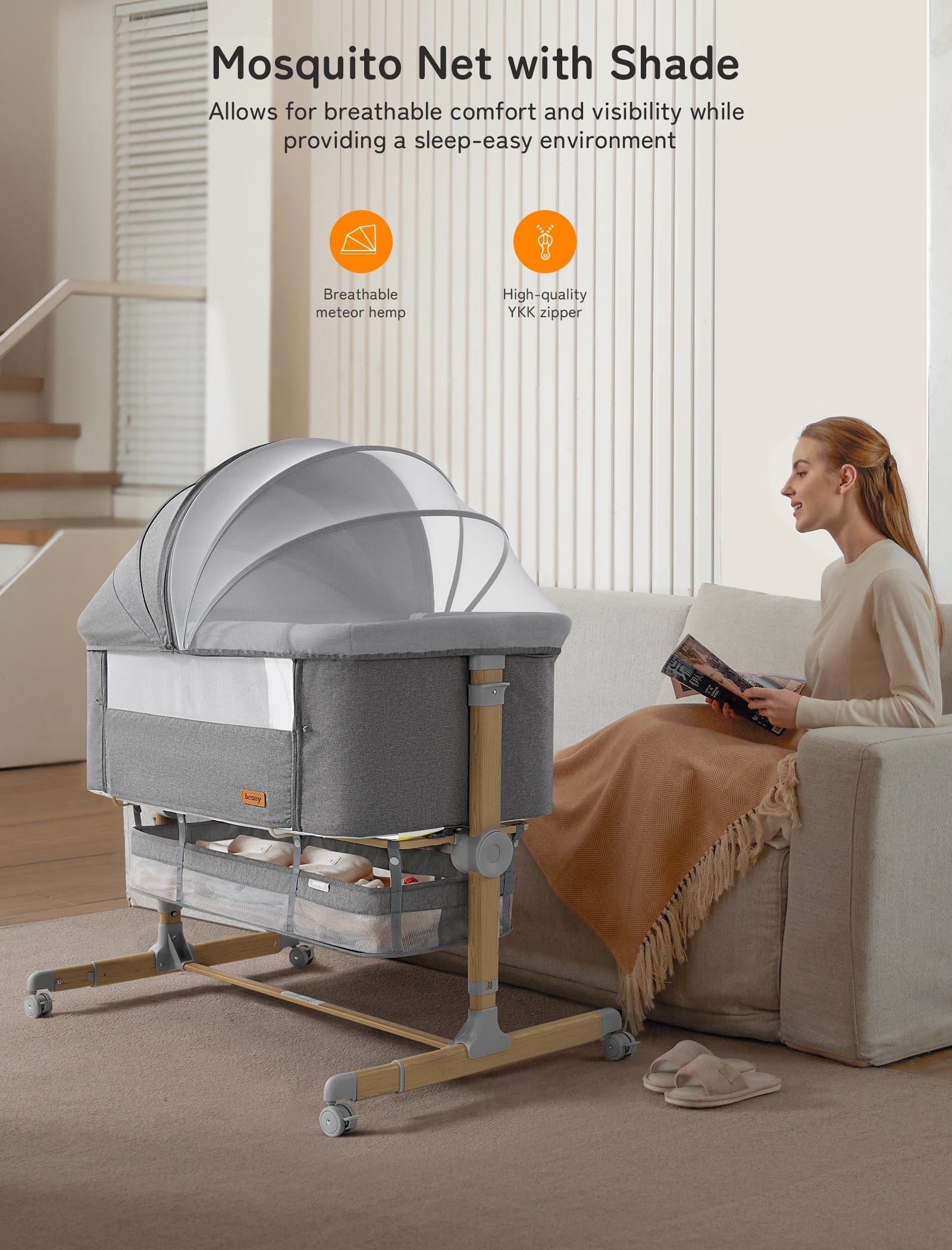 Besrey Baby Bedside Sleeper Crib Bassinet Grey