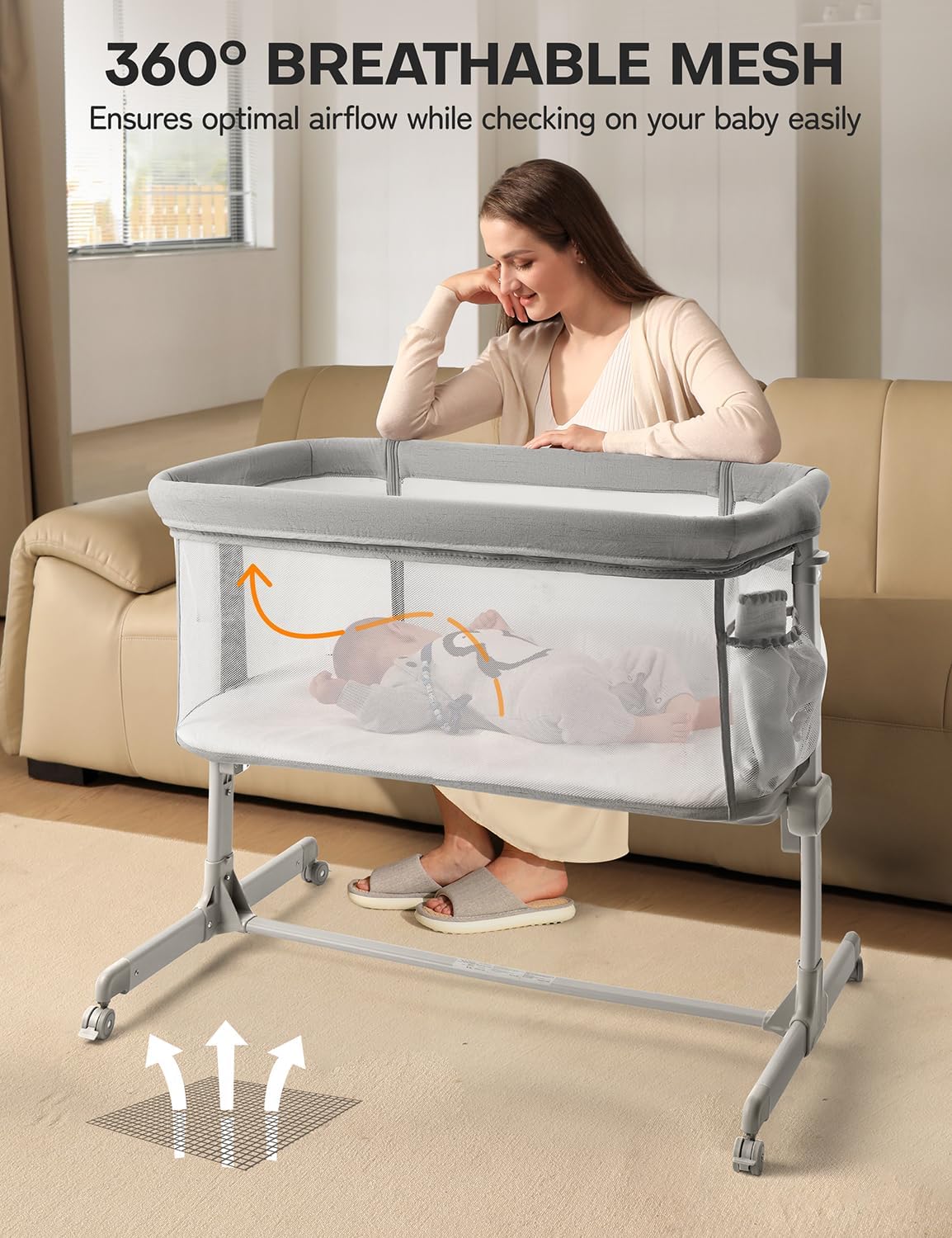 Besrey Baby Bassinet All Mesh 7 Height Adjustable with Pockets and