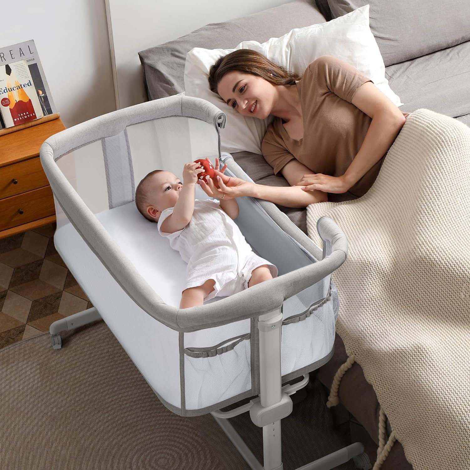 Besrey Baby Bassinet All Mesh 7 Height Adjustable with Pockets and Comfy Mattress Warm Gray